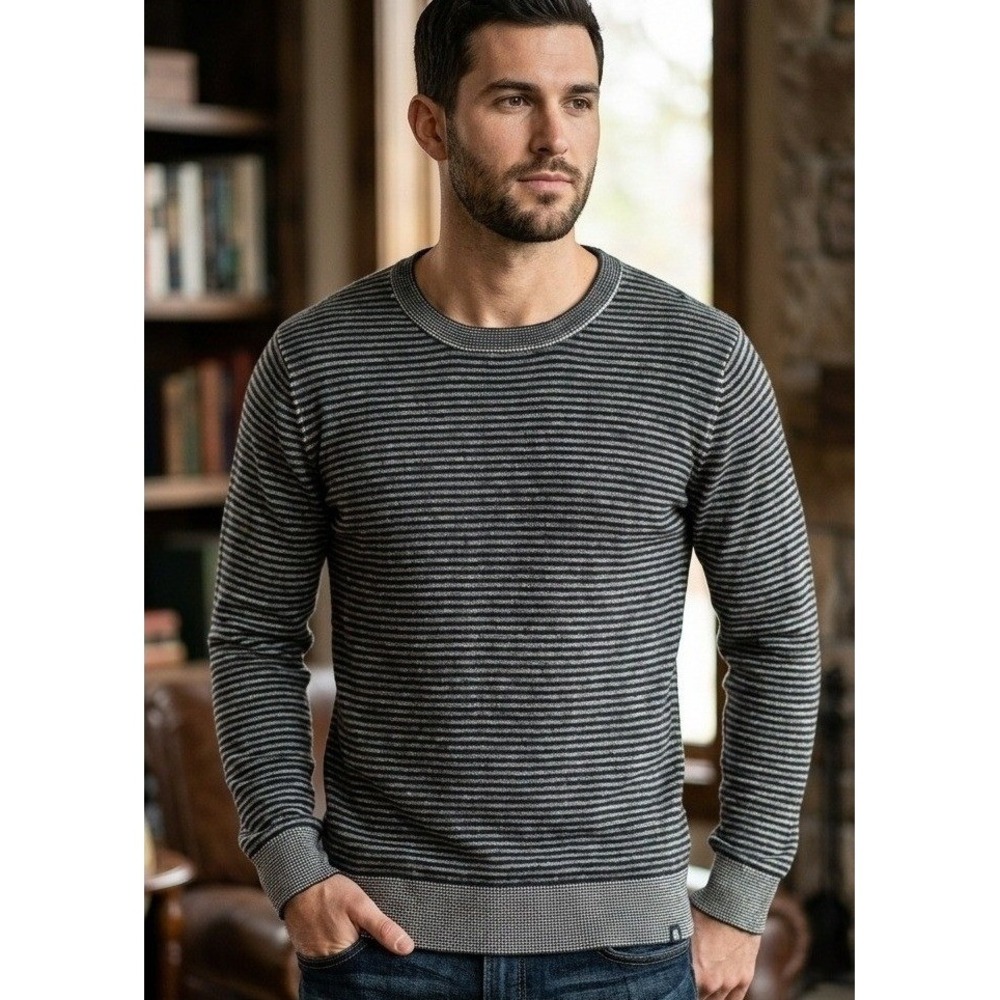 Volcom Sweater Men's Size L Striped Cotton Knit Charcoal Black Pullover Preppy